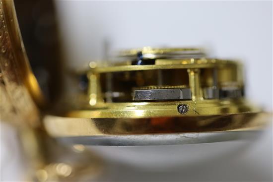 M & T Dutton, London, a George III gold engine-turned pierced pair-cased pocket watch, No. 1516, with repeating movement